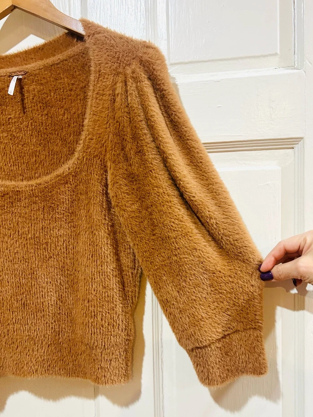 Free People Moonbeam Camel Brown Fuzzy Knit Top Cozy Boho Puff Sleeve Size S